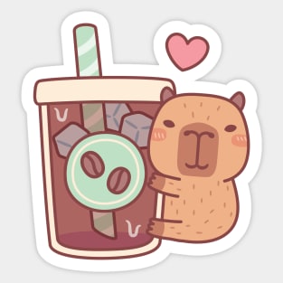 Cute Little Capybara Hugs Iced Coffee Sticker